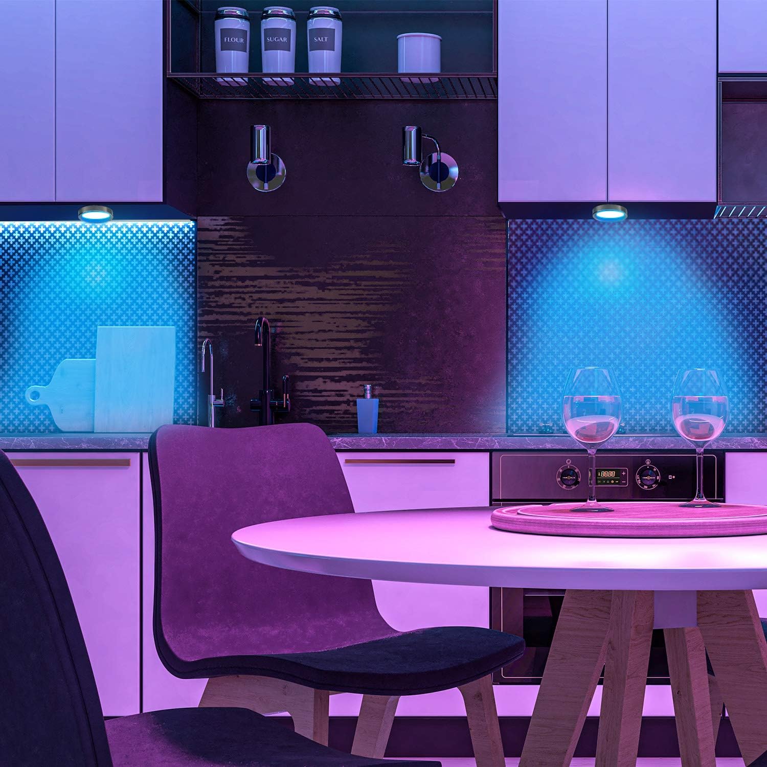 LED Dimmable Under Cabinet Lighting Kit,8 Pack App Controlled and Music Sync RGB Puck Lights with Remote,Hardwired Under Counter Lights with Multi Colors for Kitchen Shelf Cupboard Showcase