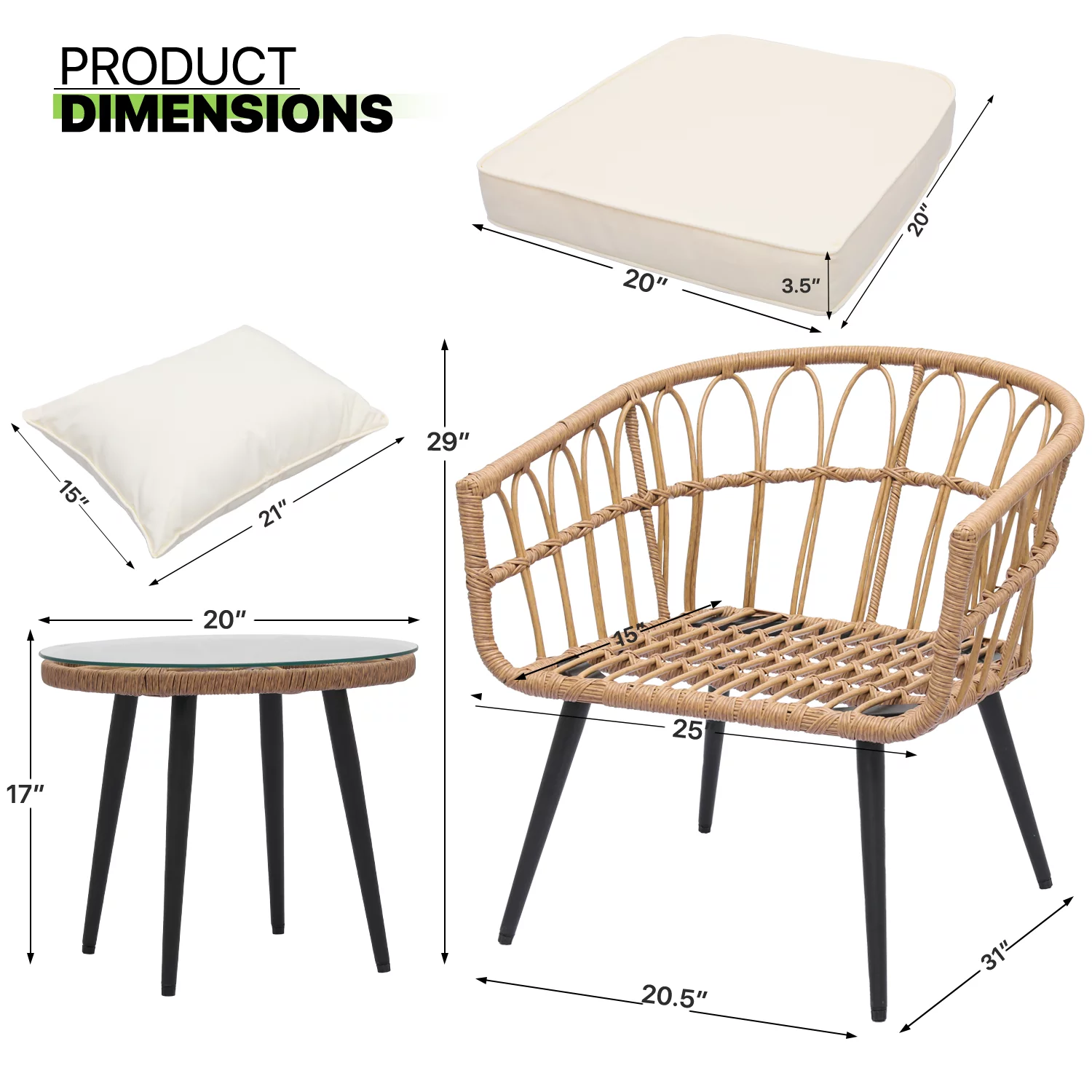 Magshion 3 Pieces Outdoor Patio Furniture Rattan Wicker Table & Chairs Set, Conversation Bistro Set with Tempered Glass Tabletop, Pillow & Cushion for Porch Balcony Backyard, Natural