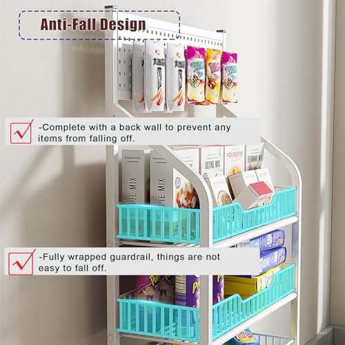 Supermarket Display Shelf 4 Layer Snack Shelf Organizer, Rolling Fruit Vegetable Display Rack for Supermarket with Wheels and Hooks, for Kitchen Retail Grocery Stores and Farmers Markets, White Black