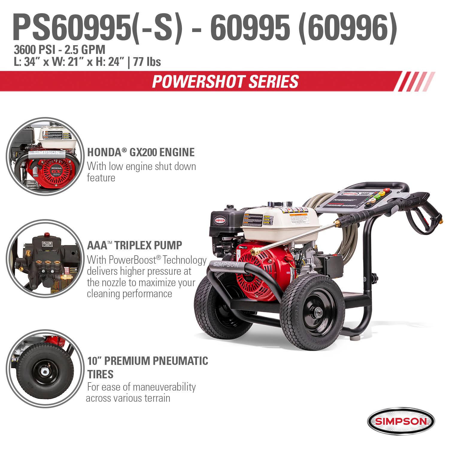 Simpson PS60995 3600 PSI GAS 2.5 GPM Pressure Washer