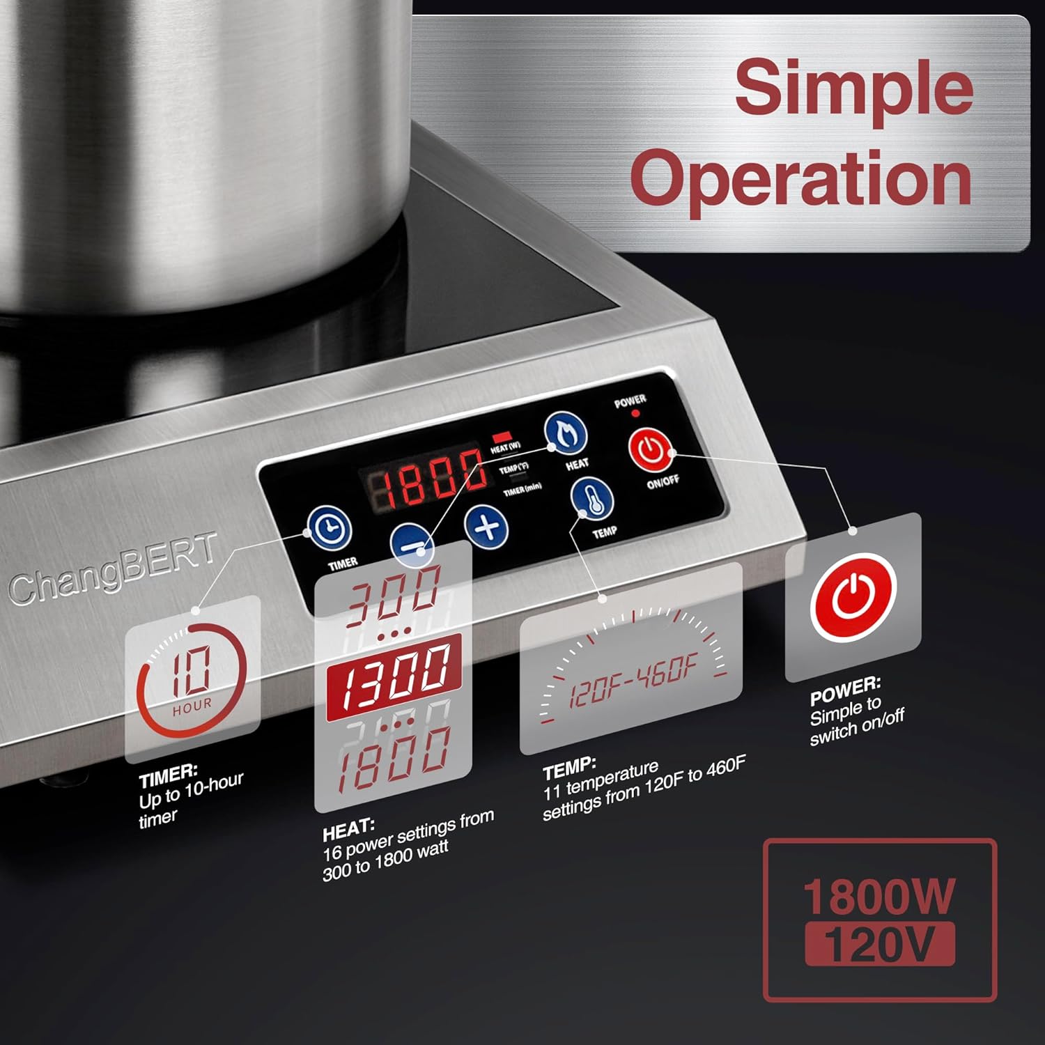 Induction Cooktop 1800W NSF Certified Commercial Grade Powerful Reliable Countertop Burner Pro Chef Professional Hot Plate 18/10 Stainless Steel Housing Schott Glass 10 Hours Timer