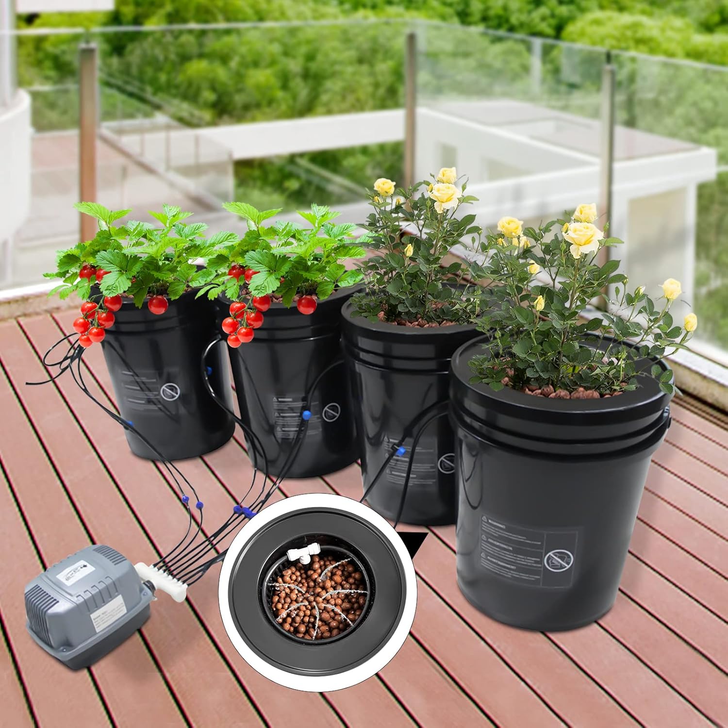 DWC Hydroponics Growing System, 5 Gallon Deep Water Culture, Recirculating Drip Garden System Kit with Multi-Purpose Air Hose, Air Pump, and Air Stone (4 Bucket + Reservoir Kit)