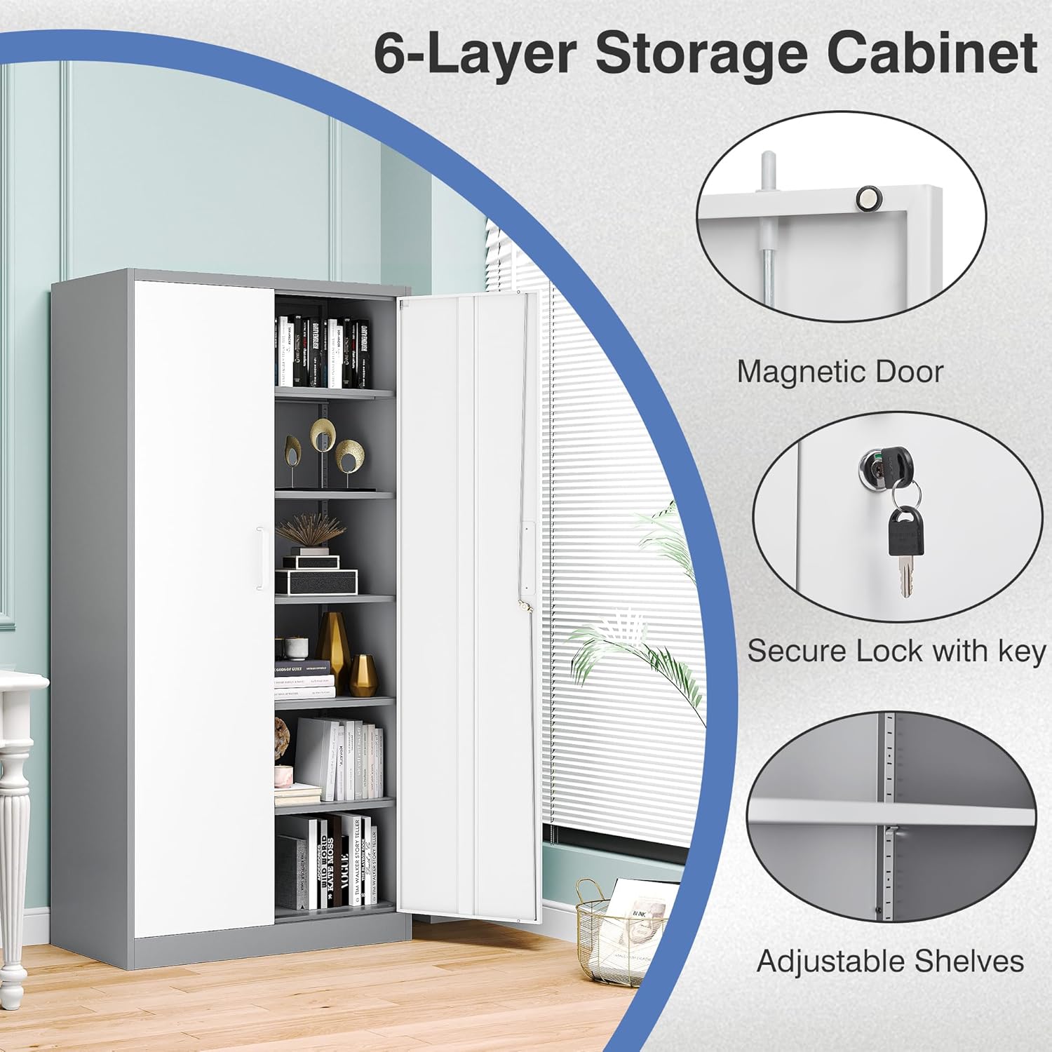 Metal File Cabinet,Locking Storage Cabinet with 2 Doors and 4 Adjustbale Shelves,Steel Tool Cabinet for Garage,Basement,Home Office