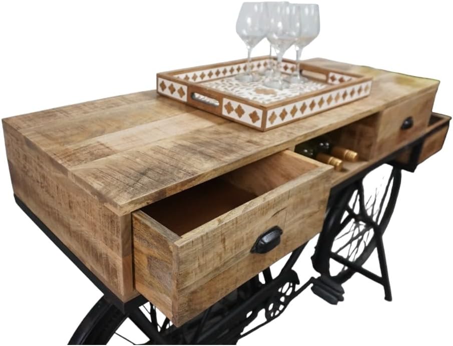 Sundara Furnishings Vintage Bicycle Console Table with Drawers & Storage, Mango Wood, 76L x 18W x 44H inches