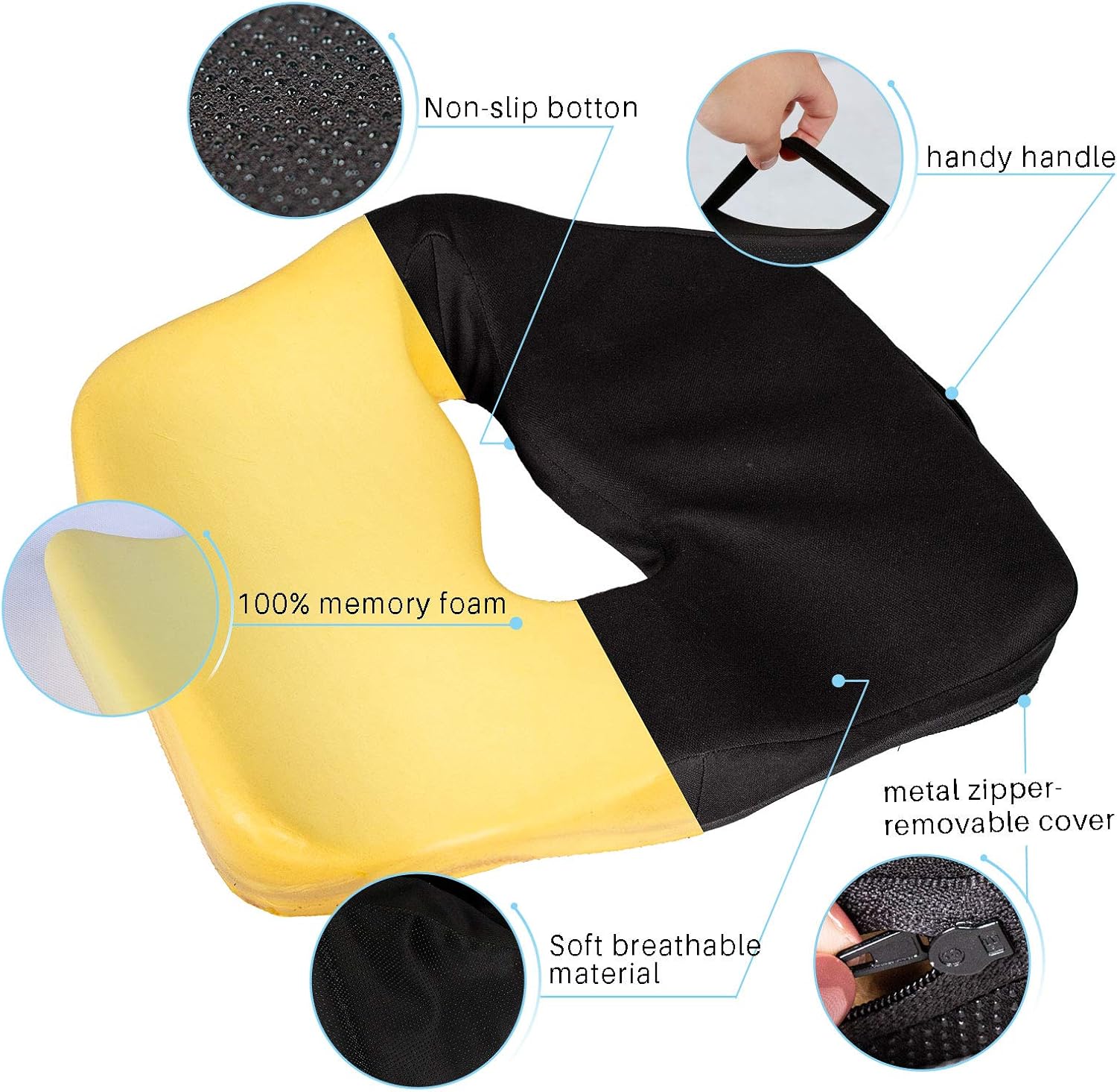Office Chair Seat Cushion Comfortable Memory Foam Desk Chair Cushion Car Coccyx Seat Cushion Wheelchair Memory Foam Pillow with Anti-Slip Bottom Relieves Back, Hip, Tailbone, Sciatica Pain, Black