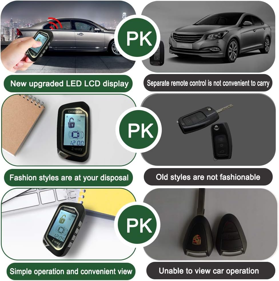 Two Way Car Alarm Security System 1600 feet Range for Car with Remote Start System Mobile Phone or Remote Key Control Not for The Car with One Key Start