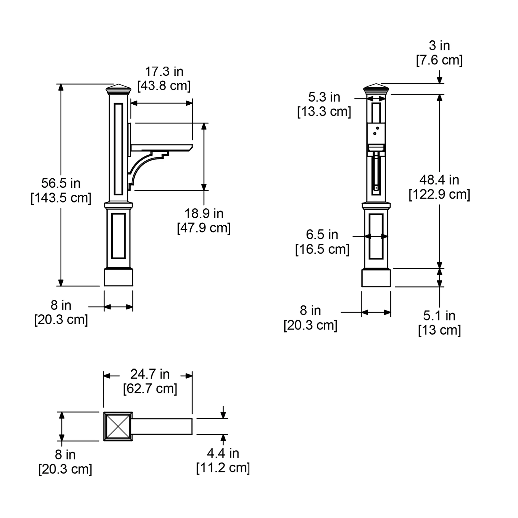 Mayne Newport Plus Single Arm Mail Post - Black - 25in L x 8in W x 56.5in H (5813-B)