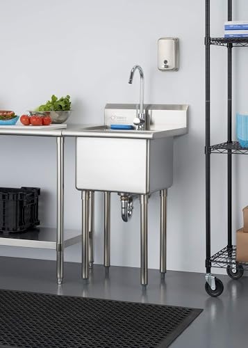 TRINITY THA-0307 Basics Stainless Steel Freestanding Single Bowl Utility Sink with Chrome Faucet, NSF Certified, for Garage, Laundry Room, and Kitchen, 21.5” x 24” x 49.2”, Silver