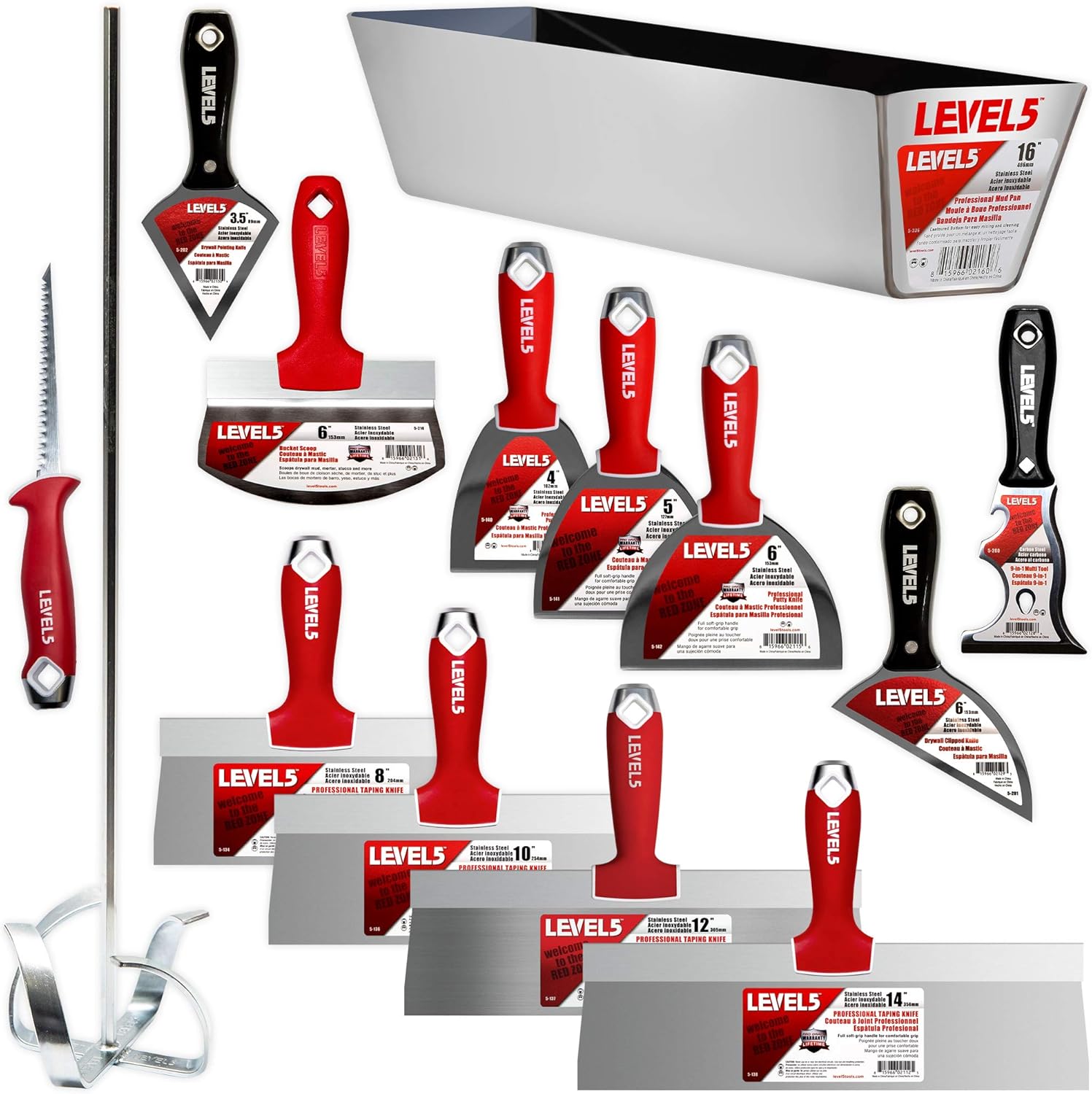 Deluxe Drywall Hand Tool Set, Stainless Steel - LEVEL5 | Pro-Grade | Taping Finishing Tool Blades, Knives, Pan, Mixer, Saw | Sheetrock Gyprock Plasterboard | 5-609
