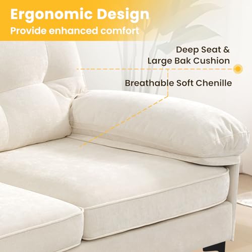 COHOME 83in L-shaped Couch, Chenille Upholsted Sofa with Reversible Chaise,3-Seat Couch for Living Room, Convertible Sectional Couch with Removable Covers,Grey