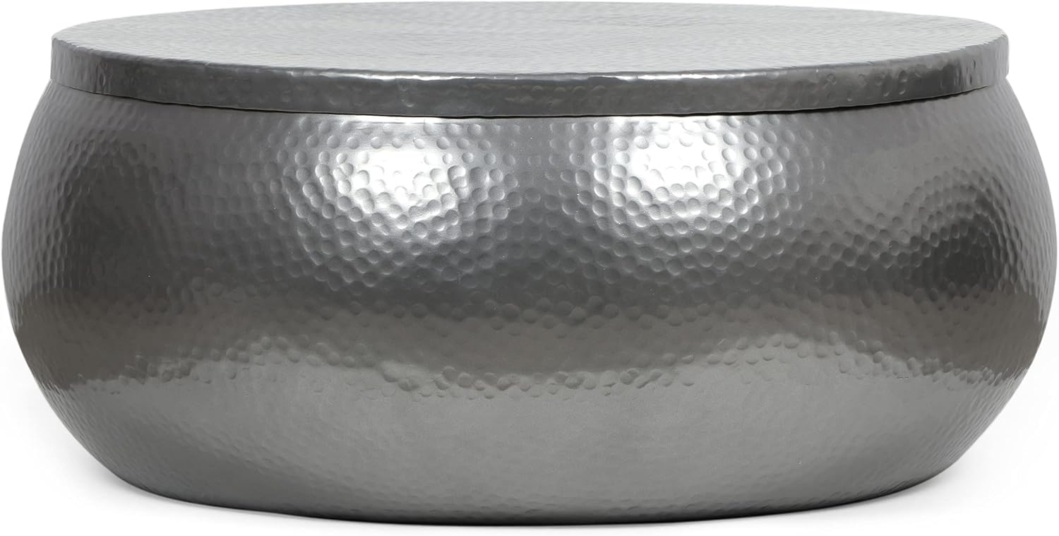 29" Modern Solid Aluminum Round Drum Coffee Table with Hammered Embossed Texturing, Drum Round Coffee Table Cocktail Table Creative Center Table for Living Room