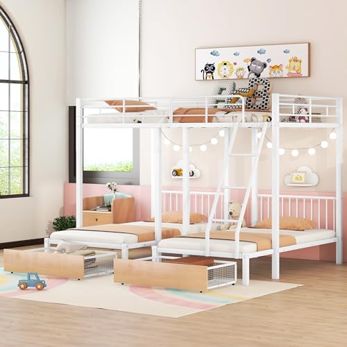 Heavy Duty Triple Bunk Bed for 3 Kids, Twin Over Twin & Twin Bunk Beds with Guardrails and Ladder, Twin Over 2 Twin Triple Bunk for Kids, Teens, Black Triple Bunk Bed Twin Size