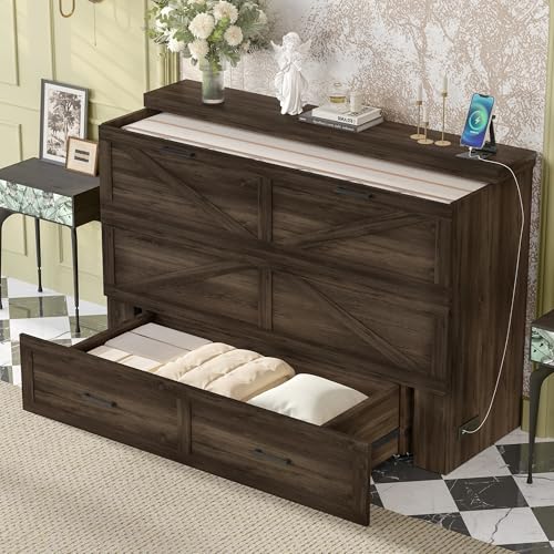 Wooden Murphy Cabinet Bed Frame with Charging Station, Full-Size Foldable Wall Bed with Large Storage Drawer for Home Apartment Limited Living Places, Space-Saving Hidden Bed No Box Spring Needed