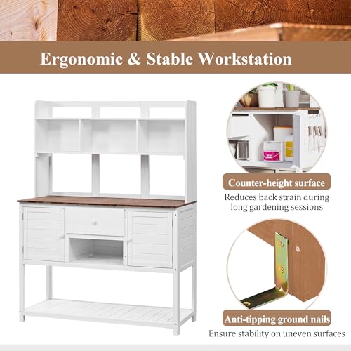 Outdoor Wooden Potting Bench Table – Farmhouse Garden Workstation with Drawers, Cabinet & Storage Shelves, Large Fir Wood Work Table for Patio, Backyard, Mudroom, Greenhouse (Light Brown, 66''H)
