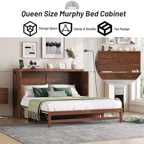 Queen Murphy Bed Cabinet, Murphy Bed Queen with Storage Drawer & Charging Station, USB Port, Solid Pine Wall Beds for Home Office, Studio or Guest Room, White