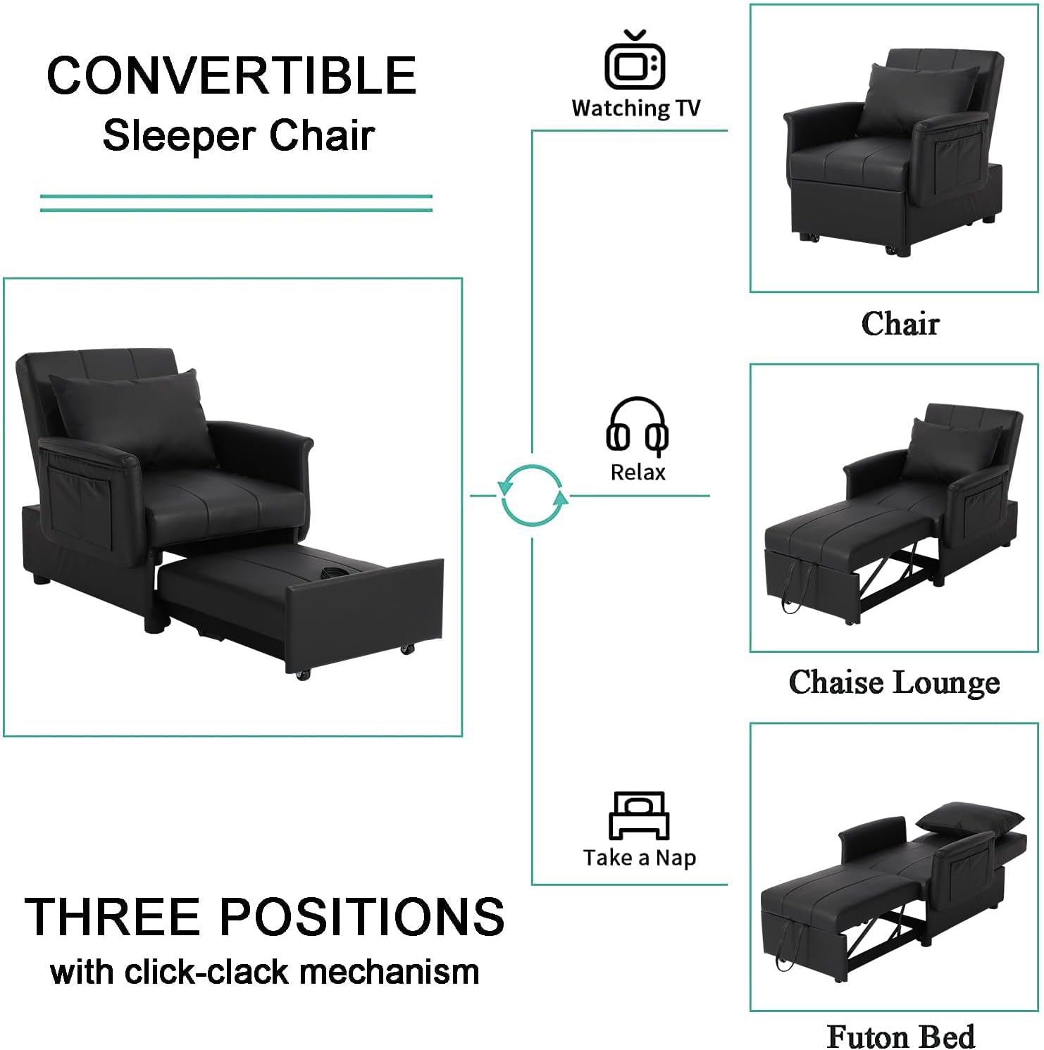 BINGTOO Bed Chair, 3 in 1 Lounge Chair,Multi-Function Folding Sofa Bed, Ottoman Bed Sleeper, Pull Out Sofa Bed Chair, Ottoman Bed, Convertible Chair to Bed, Pull Out Bed Couch for Home Office