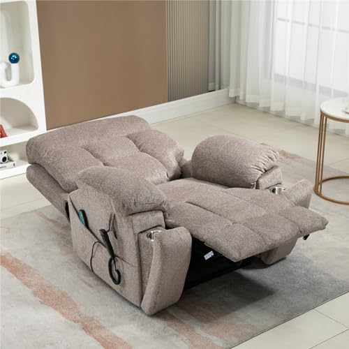 Light Grey Recliner Chair for Elderly | Tall and Big Man 400lbs | Chenille | Power Lift, Lay Flat, Stand Up, Wireless Charging Device, Extended Footrest, Massage Heat, Cup Holder, Lumbar Pillow