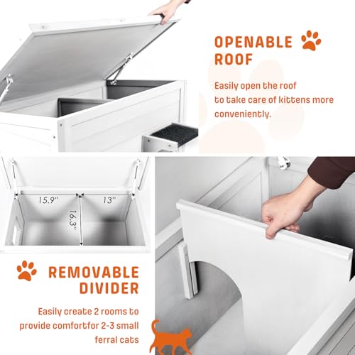 BRIOPAWS Outdoor-Cat-House-Insulated | Feral-Cat-Shelter for Winter | Weatherproof | Large Wooden Pet House for Multiple Cats | Foldable Ladder | Acrylic Side Window | Grey