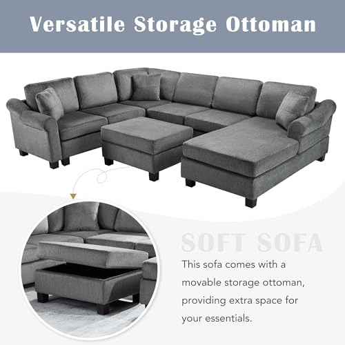 Oversized U-Shaped Sectional Sofa Couch Plush Corduroy Upholstered Modular Deep Seat Sofa&Couch Sectional W/Right Facing Chaise Lounge and 7 Toss Pillows for Home Apartment Living Room Furniture Sets
