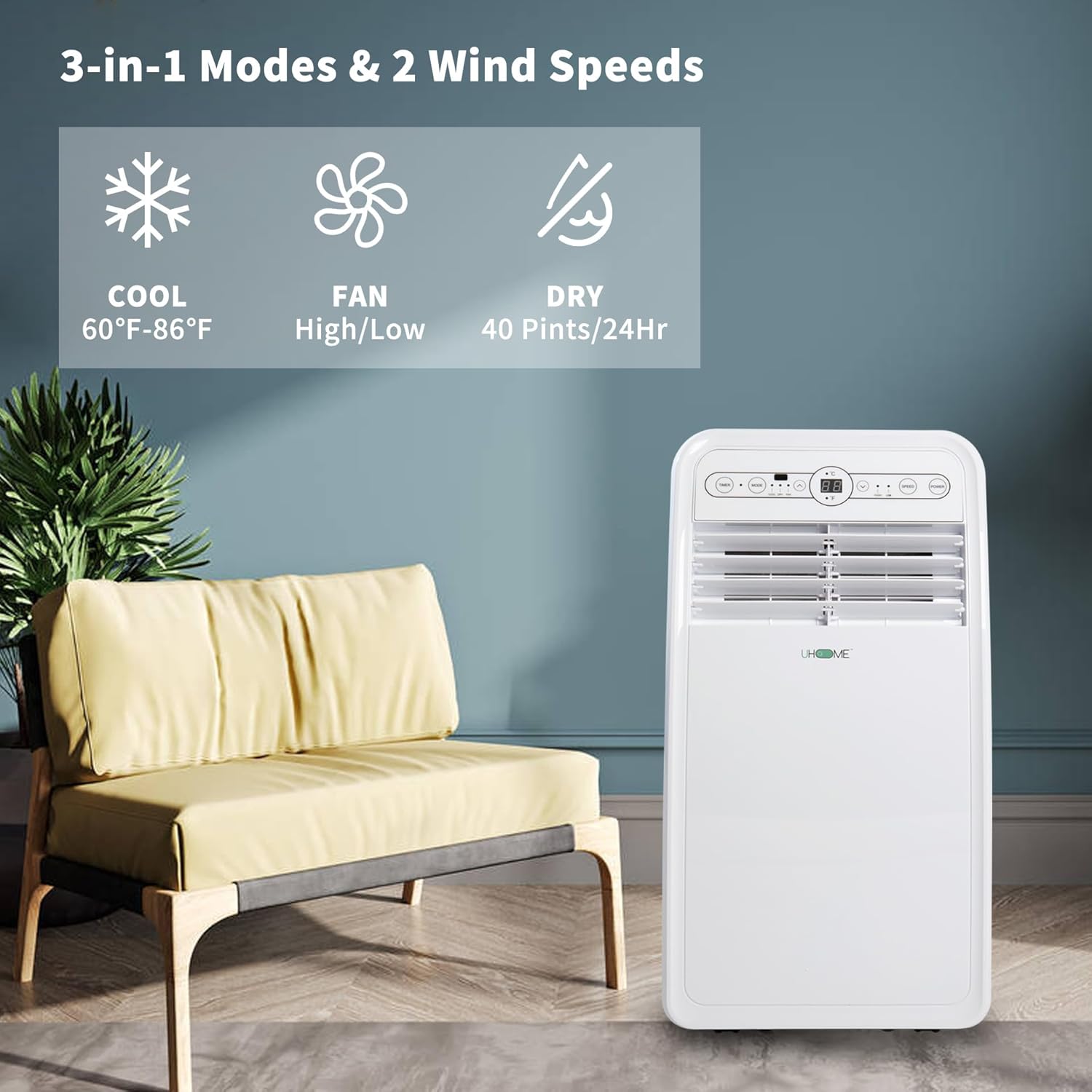 8000 BTU Portable Air Conditioner, 3-in-1 function Portable AC unit with Cooling, Dehumidifier, Fan, White, 24H Timer