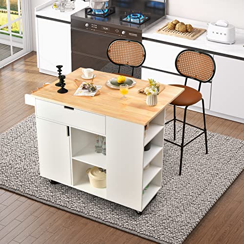 LOKO Kitchen Island with Drop Leaf, Rolling Kitchen Storage Cart with Drawer, Cabinet, 6 Open Shelves, Spice Rack & Towel Bar, Rolling Kitchen Island with Storage & Lockable Wheels (Black)