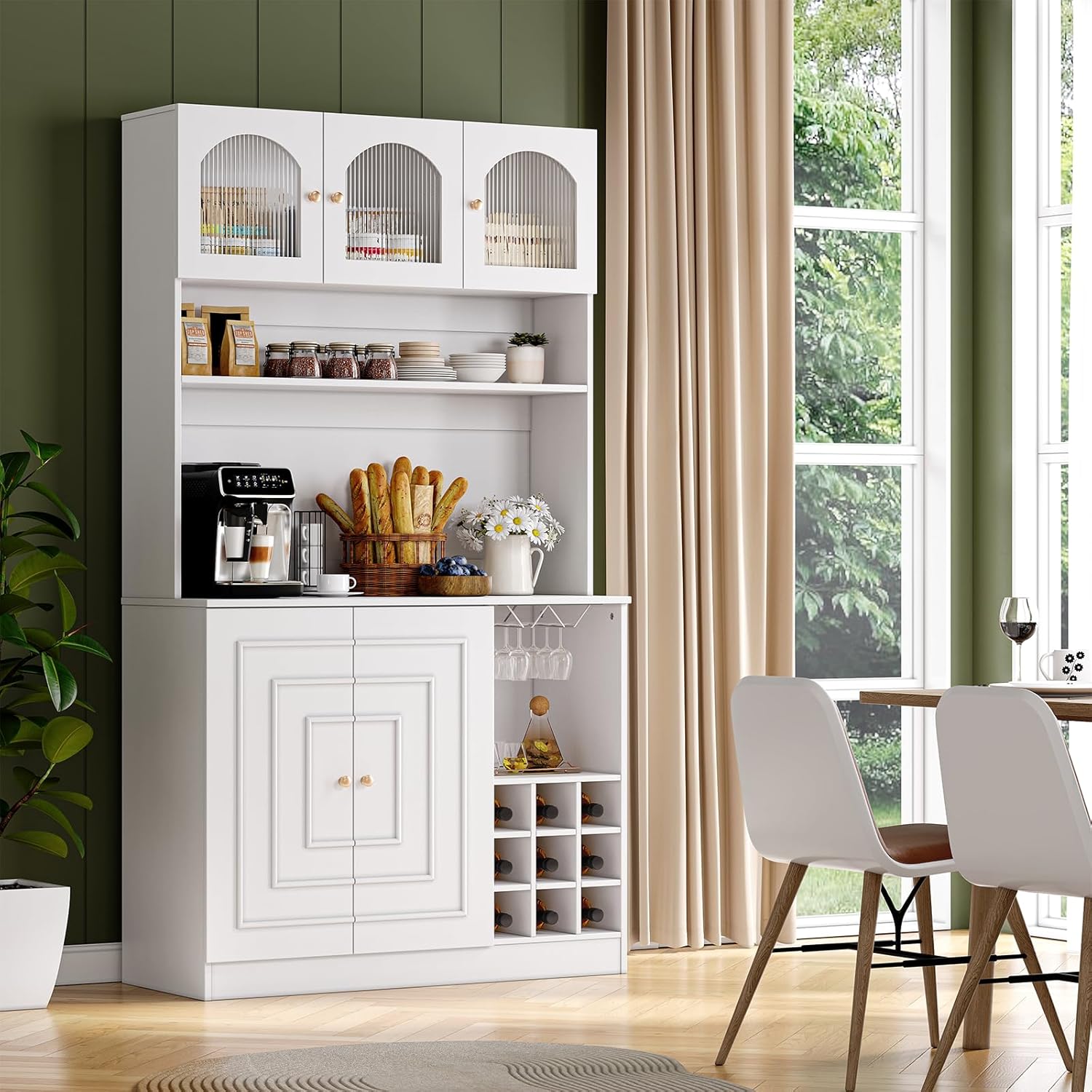 Kitchen Pantry Cabinet with Storage, 71" Tall Hutch Storage Cabinet for Dining Room, White Freestanding Food Pantry Cabinet with Microwave Stand & Power Outlet, Goblet Rack & Wine Rack.