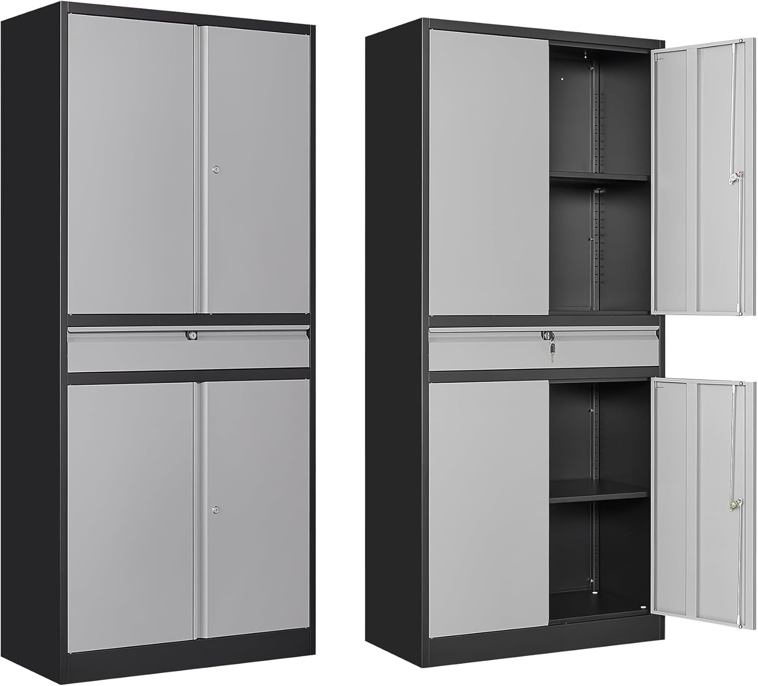 Garage Storage Cabinet, Heavy Duty Metal Tool Cabinet with 1 Drawer, 71'' Tall Storage Cabinets with Doors and Shelves for Garage Home Office Utility Room, Black & Grey