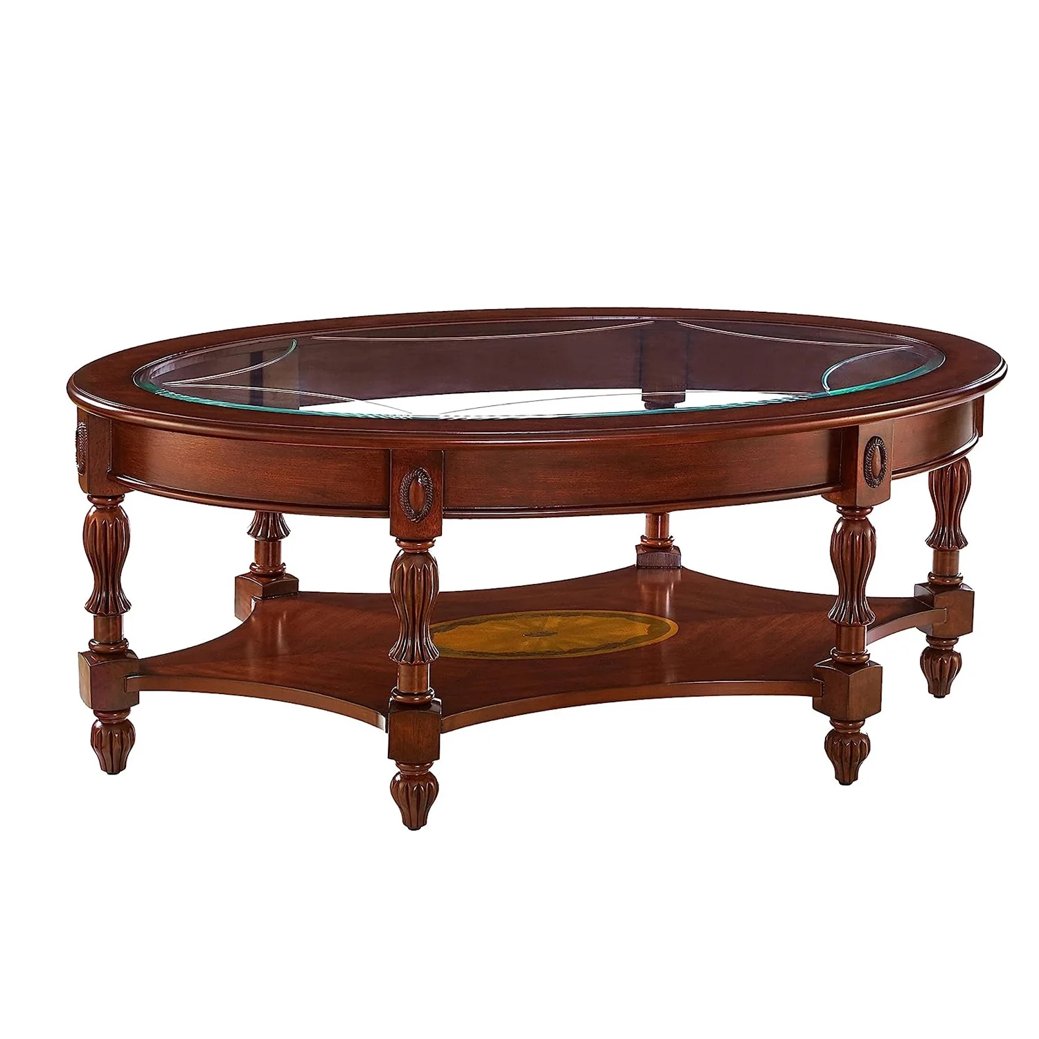 Gexpusm Oval Glass Coffee Tables for Living Room, 2-Tier Solid Wood Coffee Table with Storage Shelf, Vintage Cocktail Table, Dark Brown