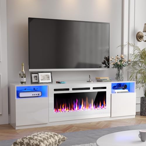 AHB 70" Fireplace TV Stand for TVs Up to 80" with 36" Electric Fireplace, TV Console for The Living Room, LED Light Entertainment Center, Storage Cabinet, Media Console Table, Black & White