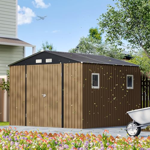 10X12X7.5 FT Outdoor Steel Storage Shed with Lockable Doors, 2 Windows, Transparent Roof Panels (Wood Panels & Frame Floor Not Included), Ideal for Patio Storage,Garbage Can, Chicken Coop，Brown