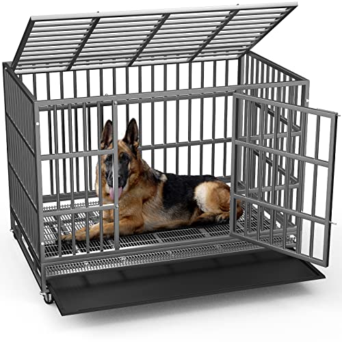 LEMBERI 48/38 inch Heavy Duty Indestructible Dog Crate, Escape Proof Dogs Cage Kennel with Lockable Wheels,High Anxiety Double Door Kennel,Extra Large Crate Indoor for Large Dog with Removable Tray