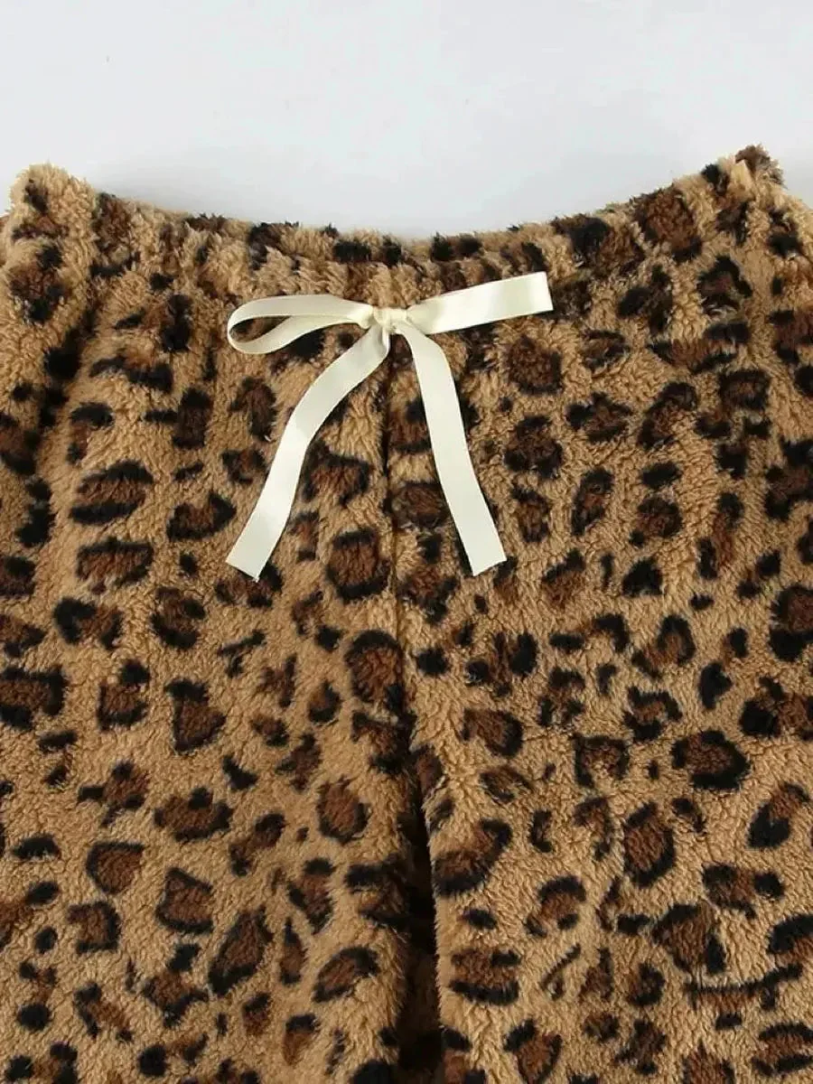 'Cheetah Pastry' Animal Prints Fleeced Ribbon Pjm Pants