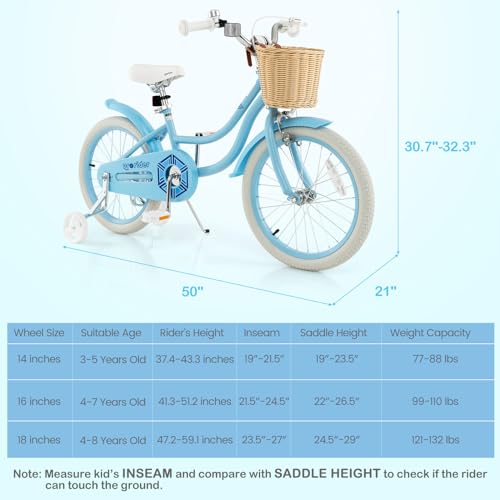 BABY JOY Kids Bike, 14 16 18 Inch Kids Bicycles for 3-8 Years Old Children with Training Wheels, Adjustable Height, Handbrake & Coaster Brake, Boys Girls Bike (Pink, Green, Blue)