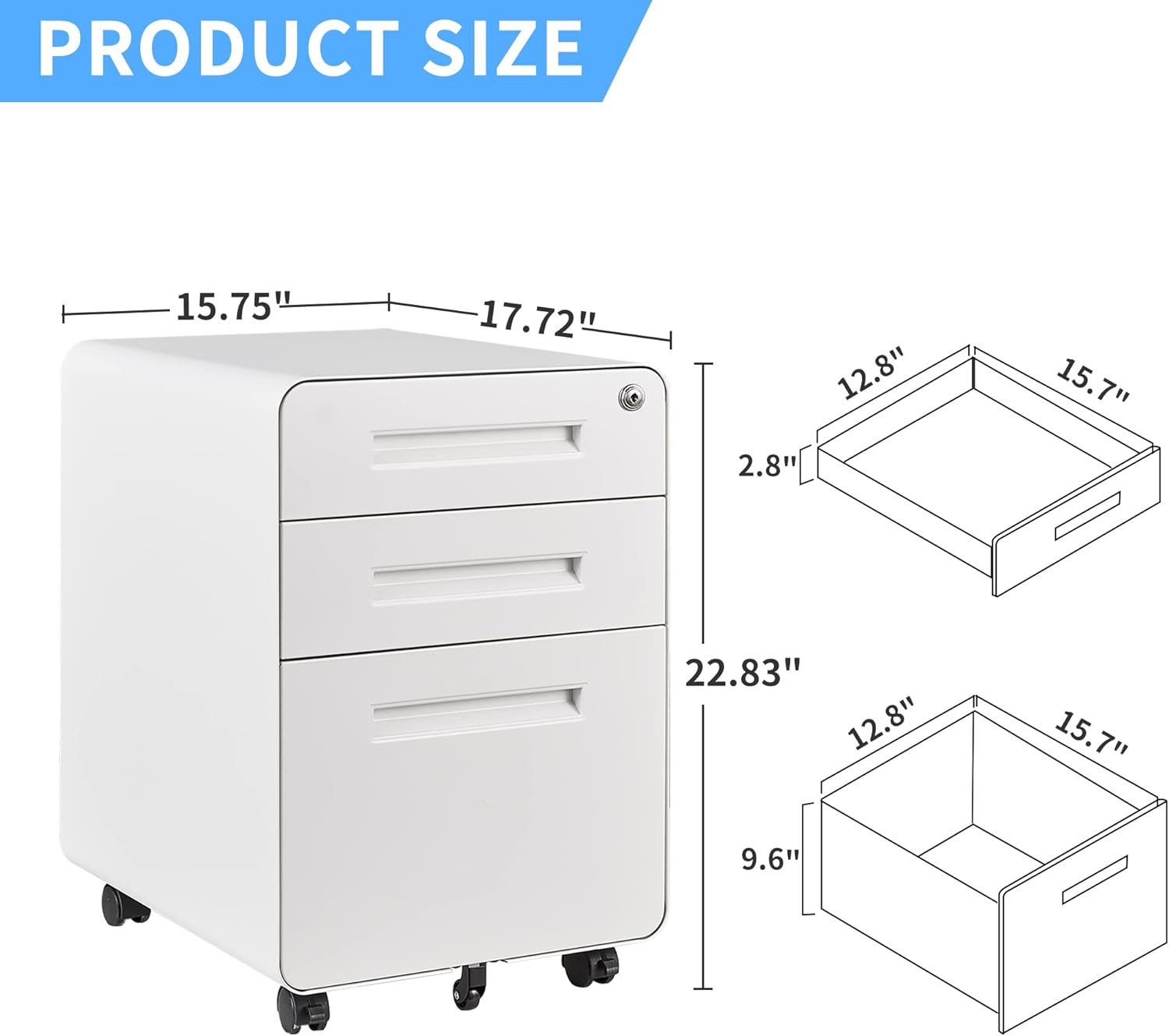 Letaya File Cabinet, 3 Drawer Filing Cabinets for Home Office with Lock Mobile Under Desk Fully Assembled Cabinet (White)
