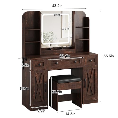 Vabches Makeup Vanity Desk, Vanity Mirror with Lights Desk and Chair,Makeup Table with 3 Large Drawers and 2 Cabinets, Time and Temperature Display, 3 LED Lighting Modes Adjustable, White