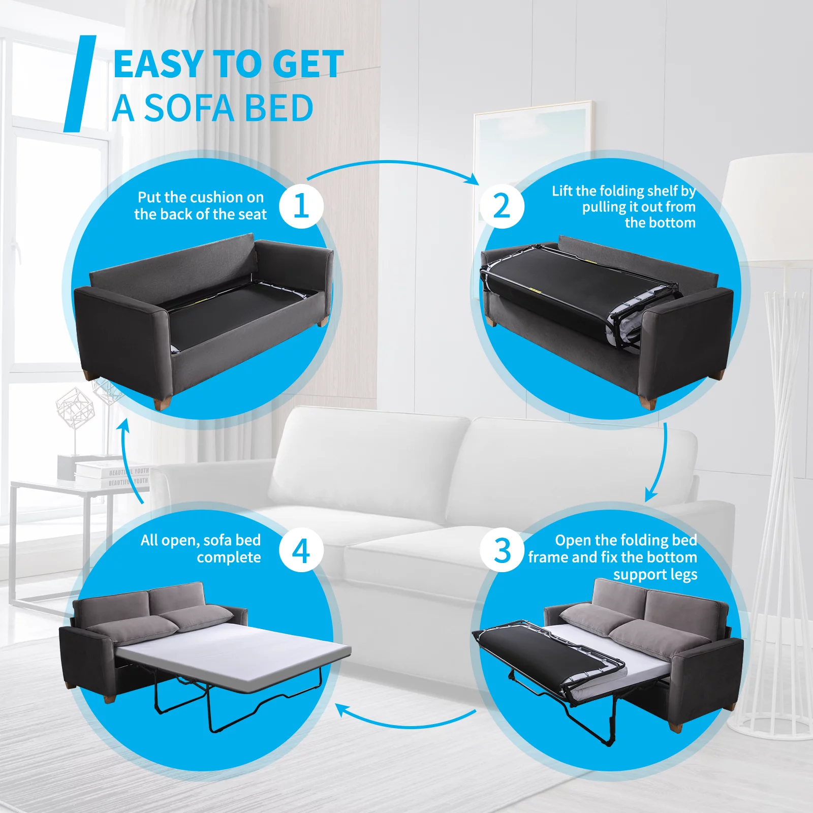 Mjkone Pull Out Sofa Bed, Sleeper Sofa Bed with Memory Foam Mattress, 2-in-1 Pull Out Couch Bed Suitable for Friends to Stay Temporarily, Loveseat Sleeper for Apartment/Small Spaces (Queen, Dark Grey)