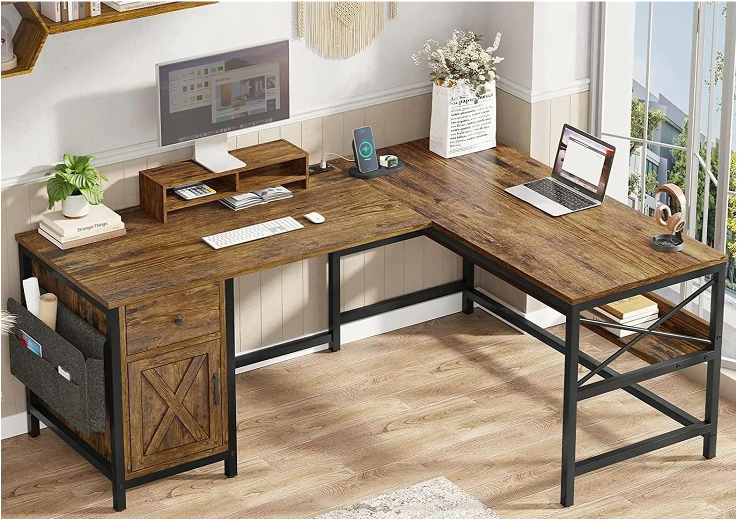 New 87 Inches Rustic Brown L Shaped Computer Desk Corner Reversible Long Home Office Table with Monitor Stand Gaming Power Outlet Shelf Shelves Storage Drawer Metal Wood Modern 86.6”L x 19.7”W x 30”H