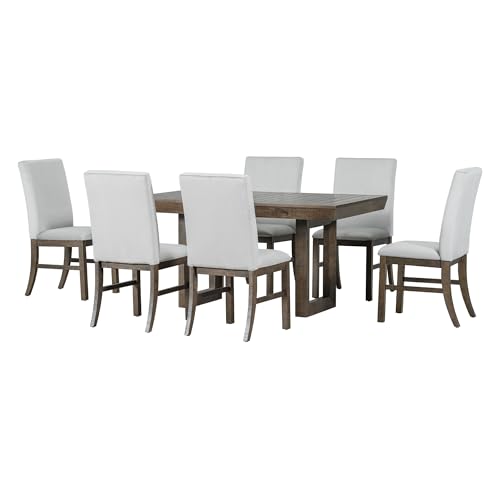 7-Piece Dining Table Set, Extendable Table with 12” Butterfly Leaf and 6 Upholstered Chairs, Wood Rectangular Dining Set, Mid-Century Kitchen Dining Table Set for 6 People (Brown)