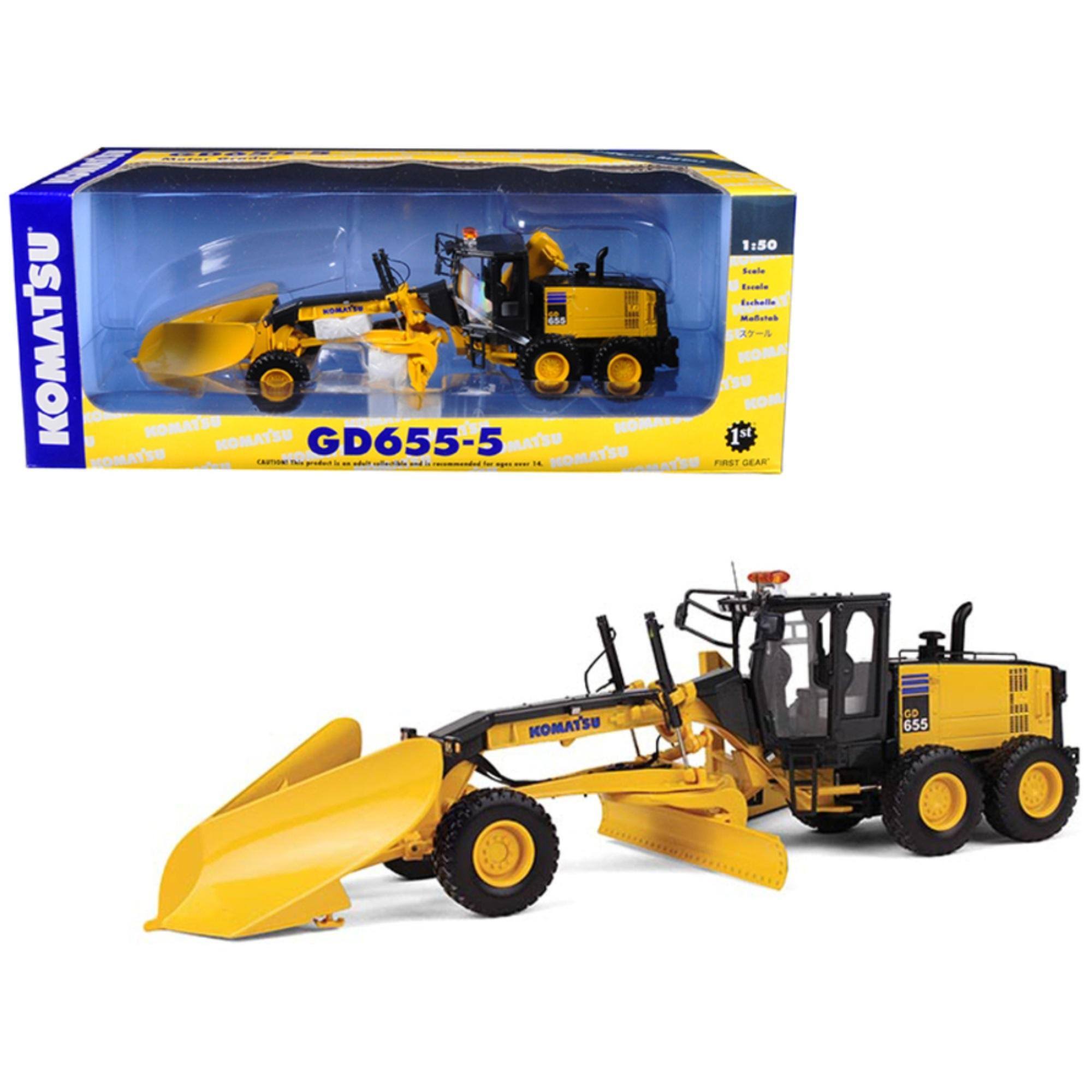 Komatsu GD655-5 Motor Grader with V-Plow u0026 Wing 1/50 Diecast Model by First Gear