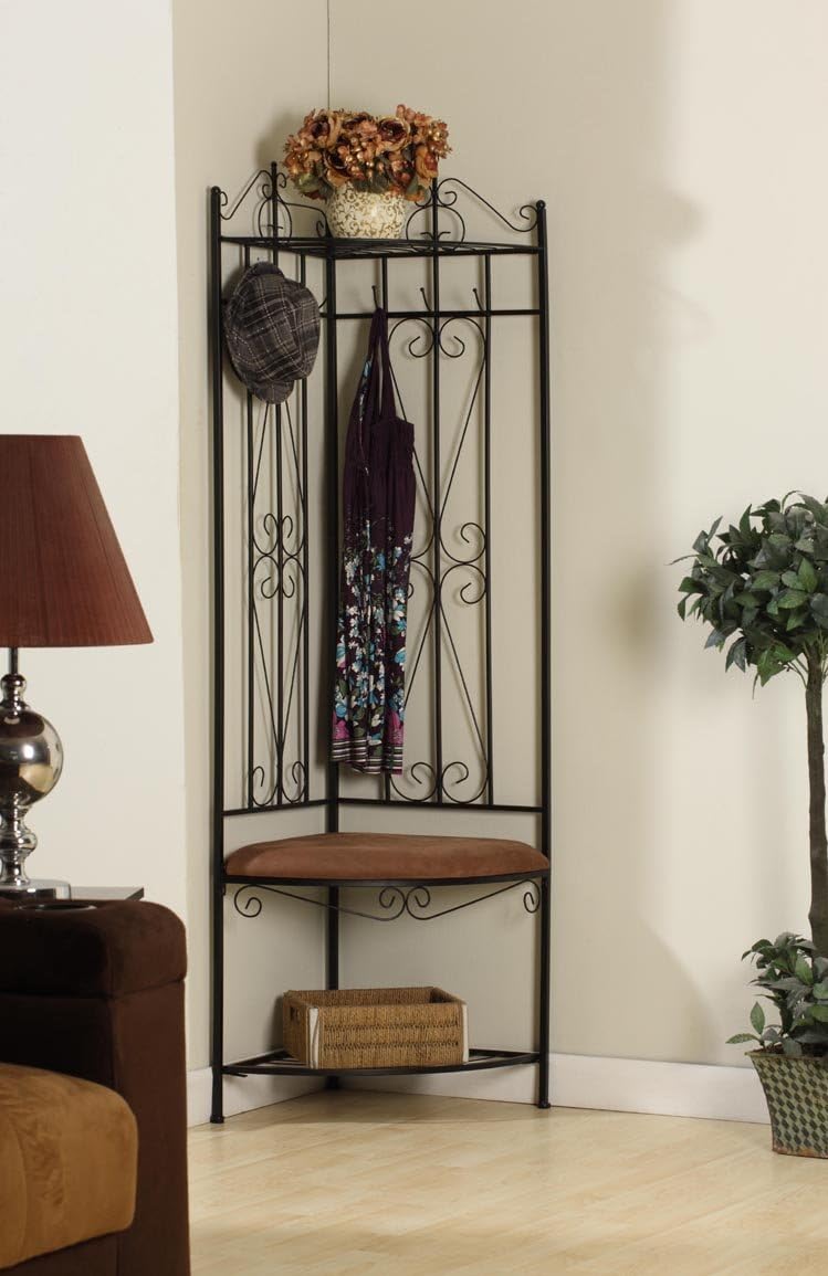 KB Designs - 6 Hook Corner Hall Tree with Bench & Shoe Storage, Black/Brown