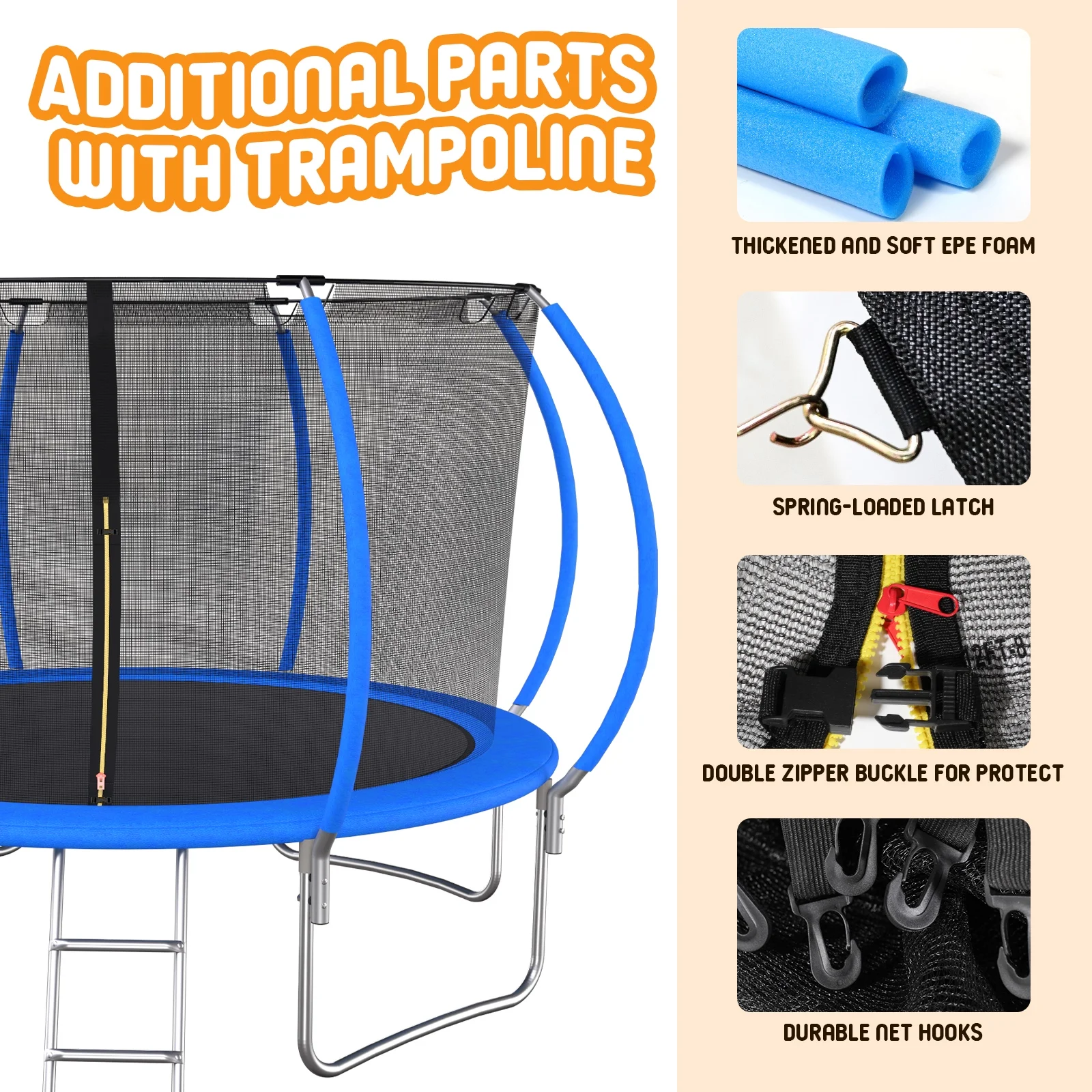 Kids Trampoline with Hoop ON SALES, Seizeen 12FT  Pumpkin Trampoline for Outdoor All-Weather Trampoline W/ Enclosure Net & Anti-collision Curved Pole, Outdoor Round Trampolines Bears 4-6 Kids, Blue