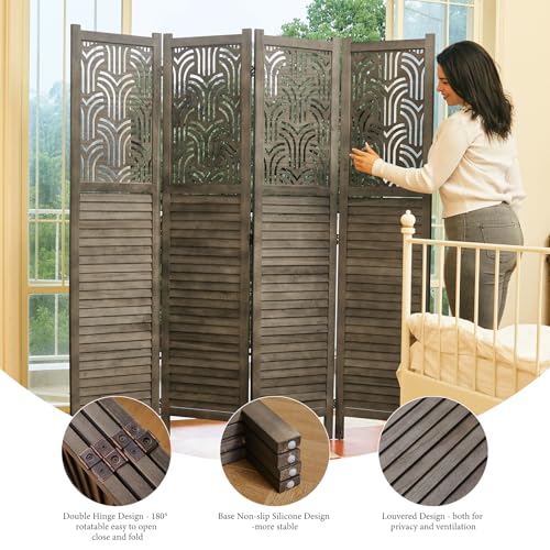 5.6 Ft Room Divider, Wood Carved Wall Divider Indoor Folding Portable Partition Screen for Home Office Garden Terrace - 4 Panel (Gray)