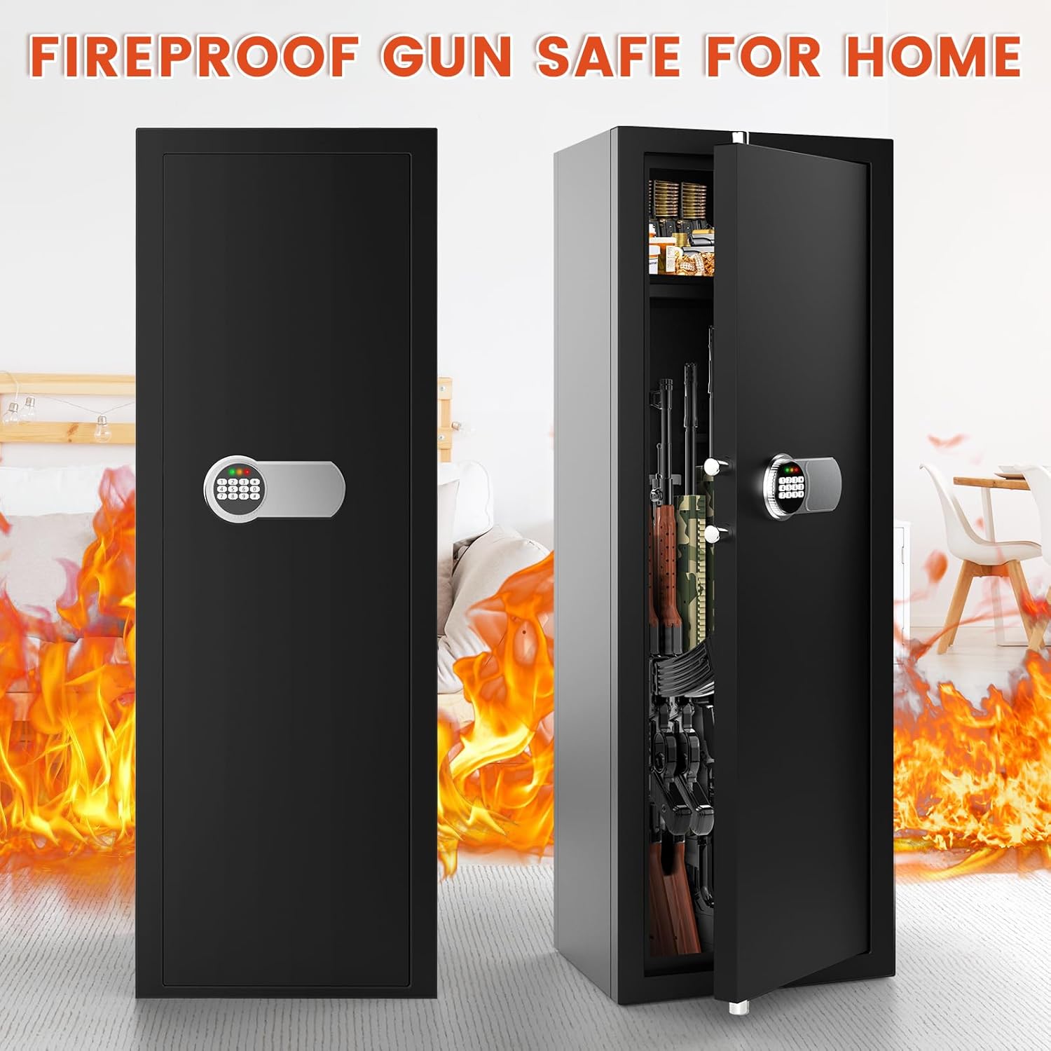 Gun Safe for 6-8 Guns, Gun Safes for Home Rifle and Pistols Fireproof, Rifle Safes for Home with Easy Set up Combination & Spare Keys, Anti-theft Lock and Alarm, Adjustable Racks, Silent Mode