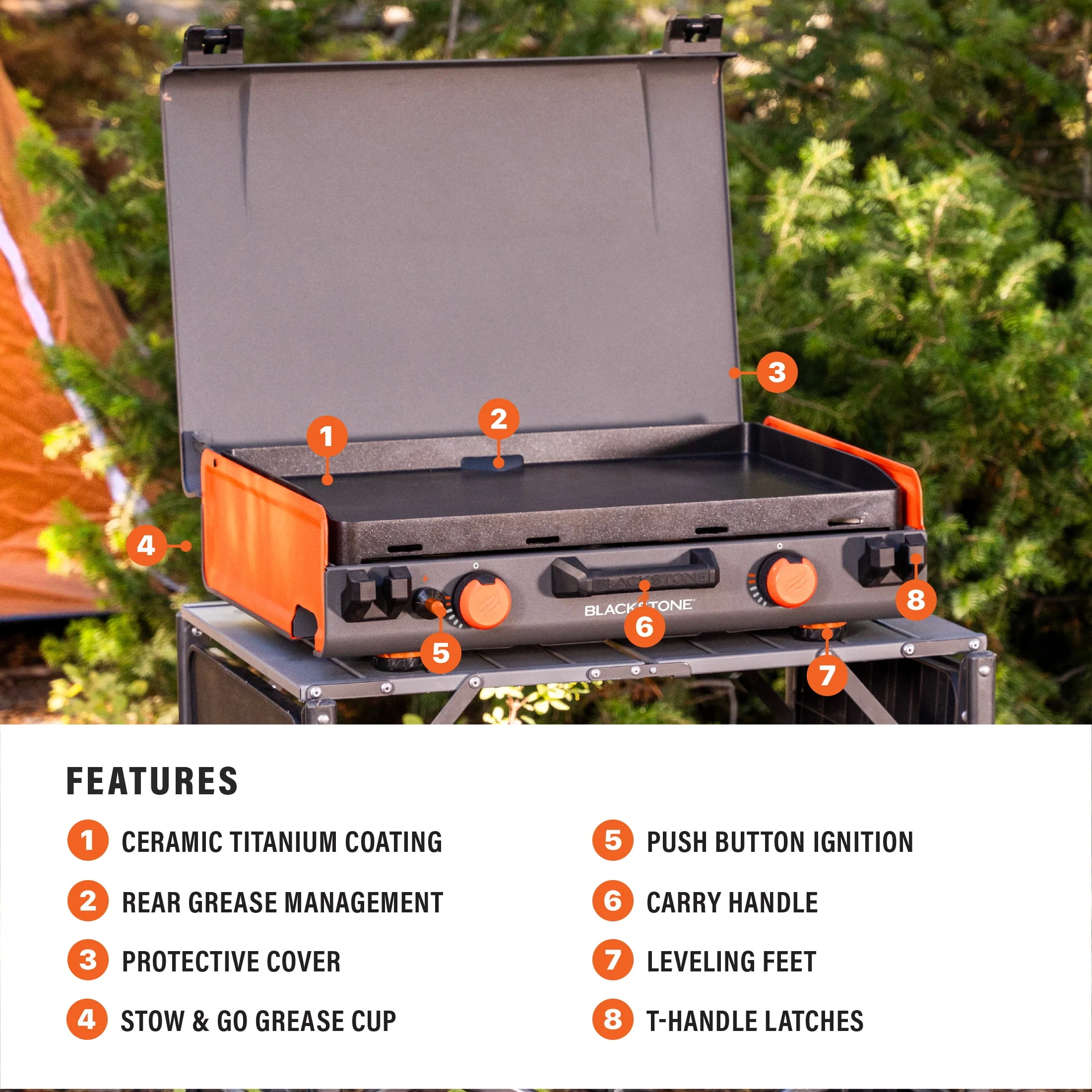 Blackstone Adventure Ready 20”x14” 2-Burner Propane Camping Griddle (Model 2246) with Latching Hood and Handle