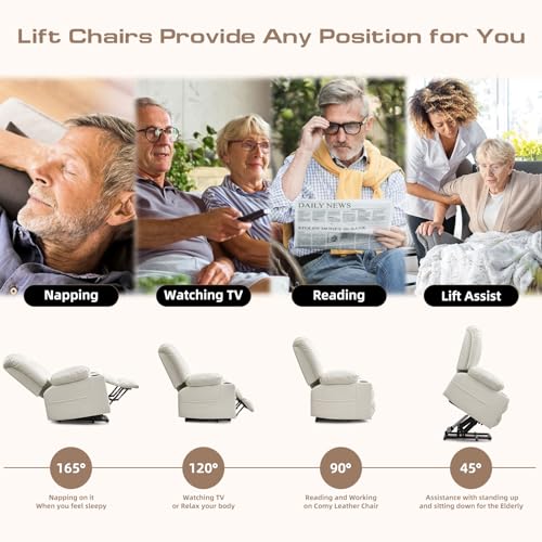 Large Power Lift Chairs Recliners for Elderly with Heated and Massage, Overstuffed Adjustable Lift Chairs, 3 Positions, Breathable Leather, USB-A and USB-C, Cup Holder, Side Pocket Dark Brown