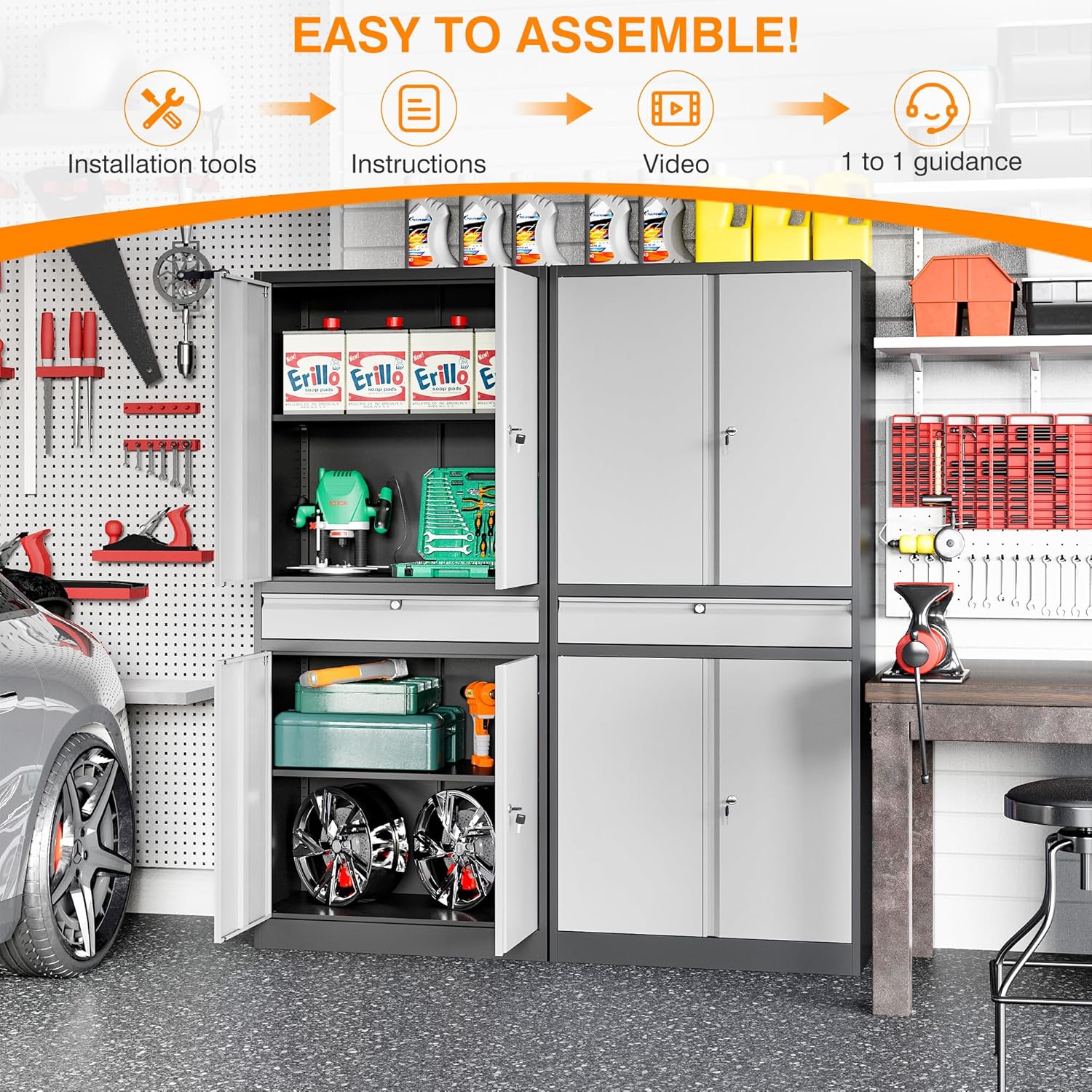 Garage Storage Cabinet, Heavy Duty Metal Tool Cabinet with 1 Drawer, 71'' Tall Storage Cabinets with Doors and Shelves for Garage Home Office Utility Room, Black & Grey