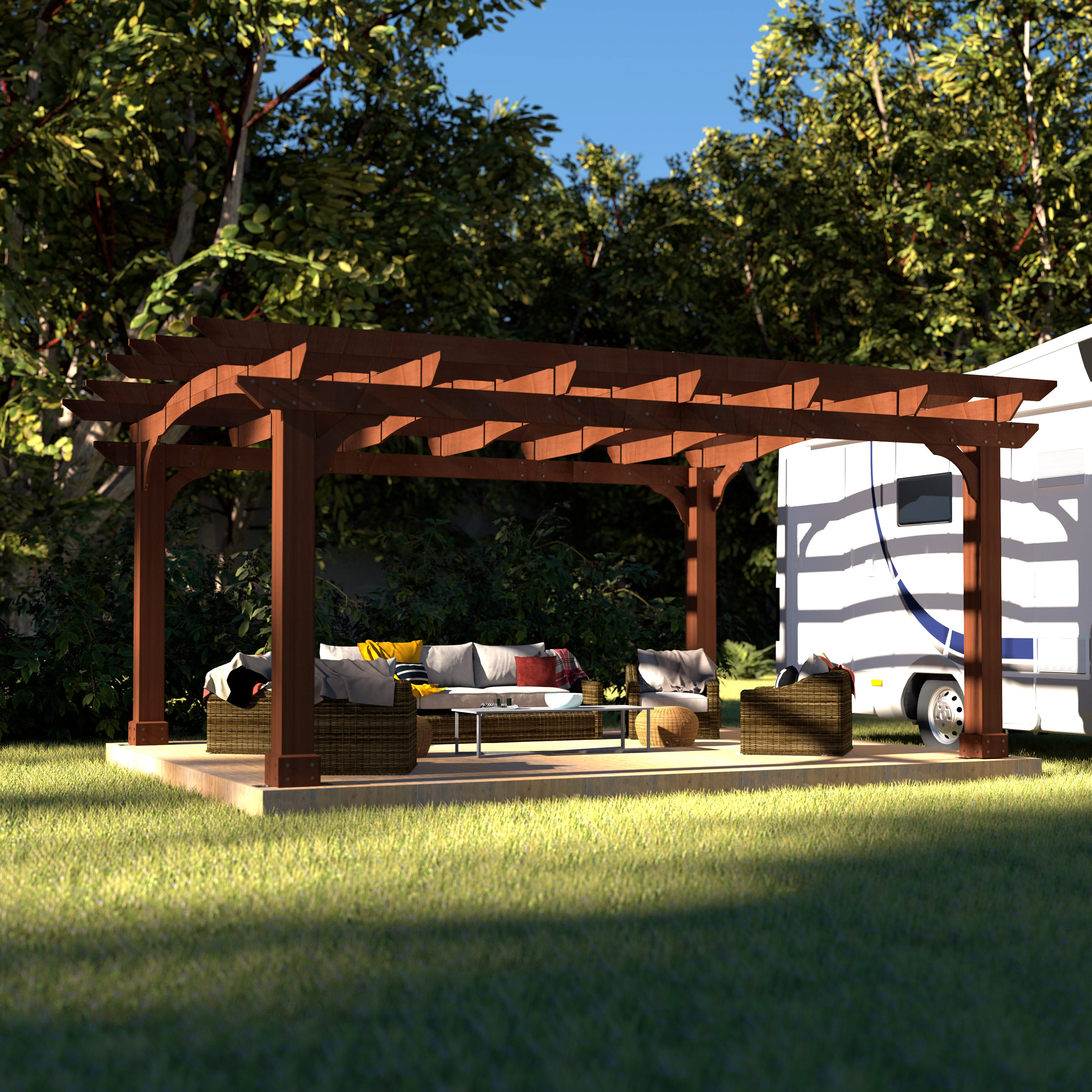 VEIKOUS 12' x14' Cedar Wood Pergola w/ Arched Roof and Ground Stakes for Outdoor Patio, Garden, Deck