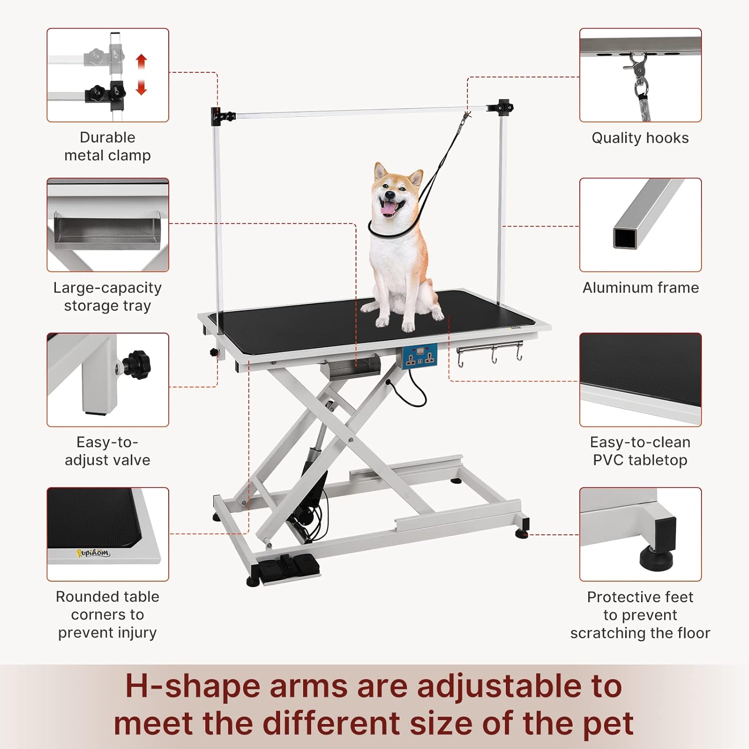 Electric Lift Pet Dog Grooming Table Hydraulic Grooming Table with Adjustable H-Shape Arms and Protective Feet, Heavy Duty Height Adjustable with Overhead Arm, Clamps, and Two Grooming Nooses