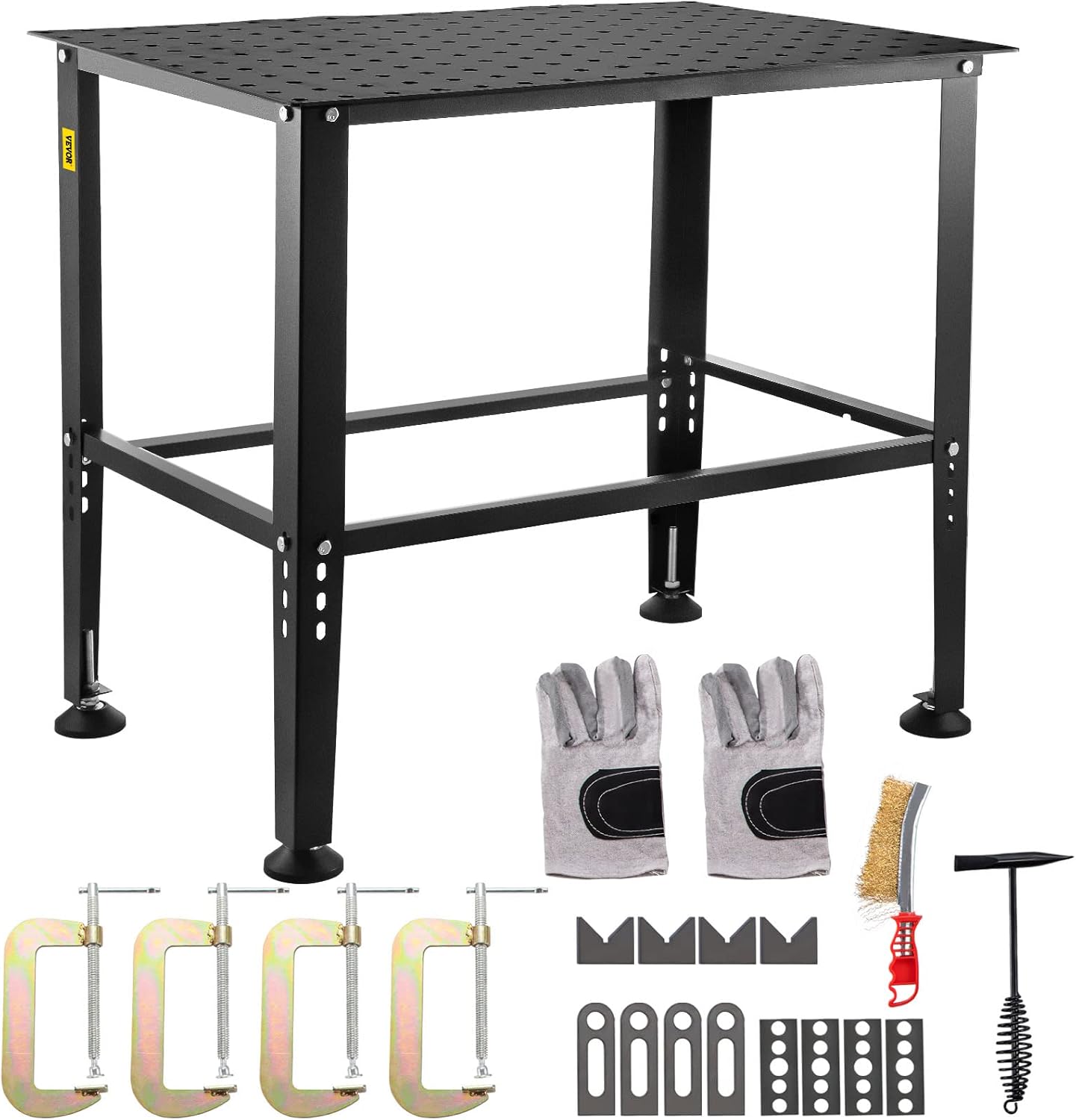 VEVOR Welding Table, 36" x 24" Adjustable Workbench, 0.12" Thick Industrial Workbench, 600lb Load Capacity Metal Workbench, Heavy Duty Carbon Steel Welding Table, Gray Steel Work Table w/Accessories