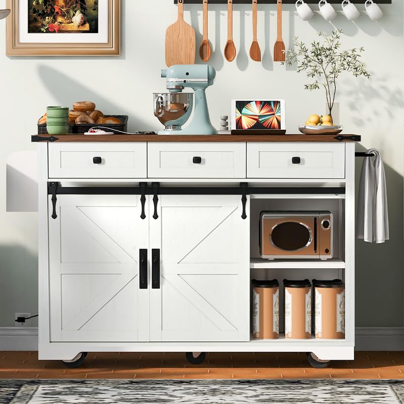 53.7" Farmhouse Kitchen Island with Power Outlet, 2 Sliding Barn Door Kitchen Storage Island with Drop Leaf, Spice Rack Rolling Kitchen Cart on Wheels, for Home, Kitchen and Dining Room, Black